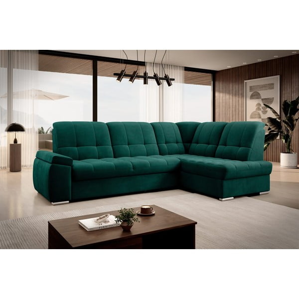 Зелен кадифен разтегателен ъглов диван с място за съхранение (десен ъгъл L форма) Sado – ELTAP-image-4