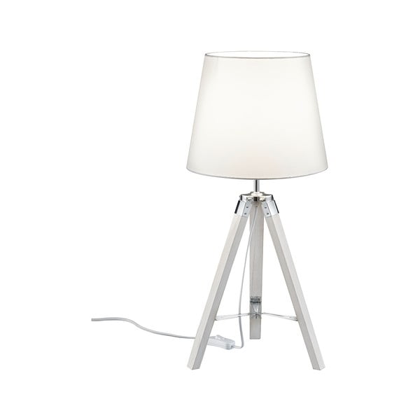 Бяла настолна лампа от естествено дърво и плат, височина 57,5 cm Tripod - Trio
