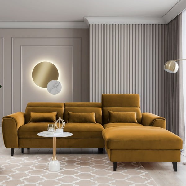 Жълт кадифен разтегателен ъглов диван с място за съхранение (десен ъгъл) Foble – ELTAP-image-1