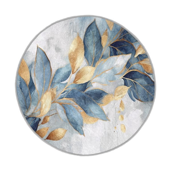 Синьо-златист кръгъл килим подходящ за пране ø 150 cm Golden Leaves – Mila Home