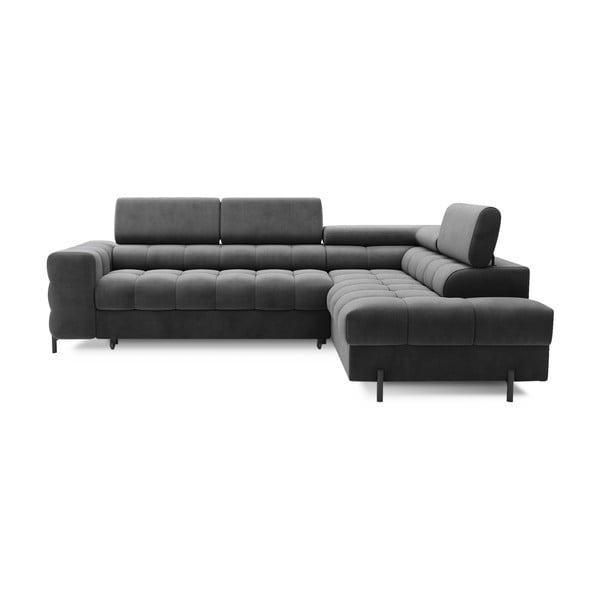 Тъмносив кадифен разтегателен ъглов диван с място за съхранение (десен ъгъл L форма) Ferucce – ELTAP