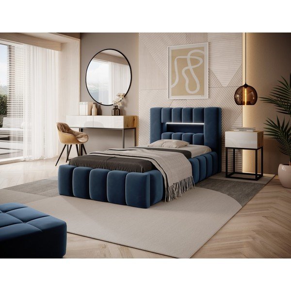 Тъмносиньо единично тапицирано легло с място за съхранение и включена подматрачна рамка 90x200 cm Lamica – ELTAP-image-1