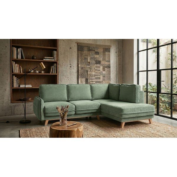 Светлозелен сгъваем ъглов диван от рипсено кадифе (десен ъгъл) Tori – Bonami Selection-image-1