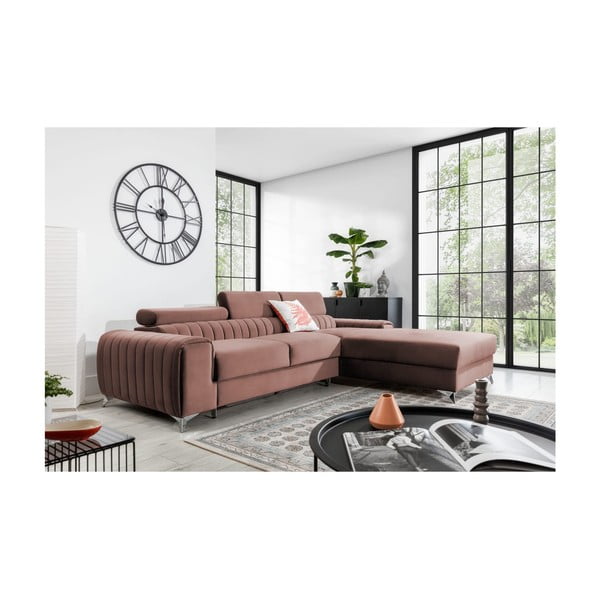 Розов кадифен разтегателен ъглов диван с място за съхранение (десен ъгъл) Grayson – ELTAP-image-1