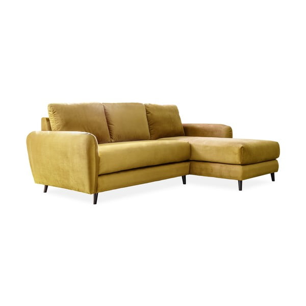 Жълт кадифен ъглов диван с подложка за крака, десен ъгъл Cosy Claire - Miuform