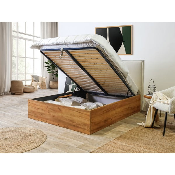 Бежово-натурално двойно легло с място за съхранение с решетка 160x200 cm Cara - Bobochic Paris-image-4