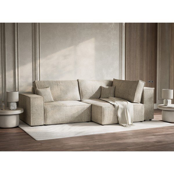 Бежов шенилов сгъваем/с място за съхранение ъглов диван (десен ъгъл/L форма) Tonga – Maison de Rêve-image-4