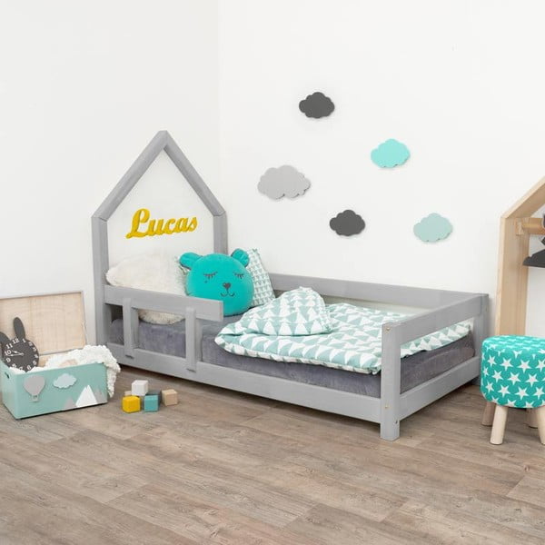 Сиво детско легло с лява страна Poppi, 80 x 160 cm - Benlemi