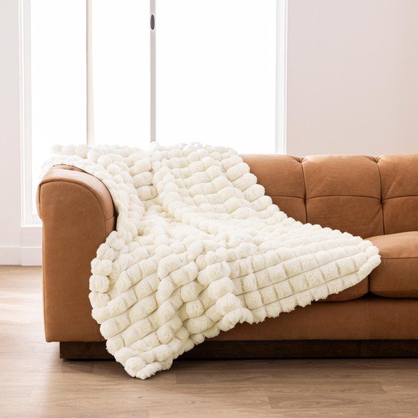 Кремаво одеяло от микроплюш/от изкуствена кожа 180x220 cm Igloo – douceur d'intérieur-image-2
