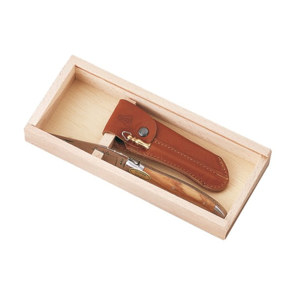 Kapesní nůž s koženým pouzdrem v dřevěném boxu Jean Dubost