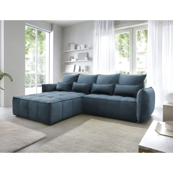 Син кадифен разтегателен ъглов диван с място за съхранение (ляв ъгъл) Campo – ELTAP-image-1