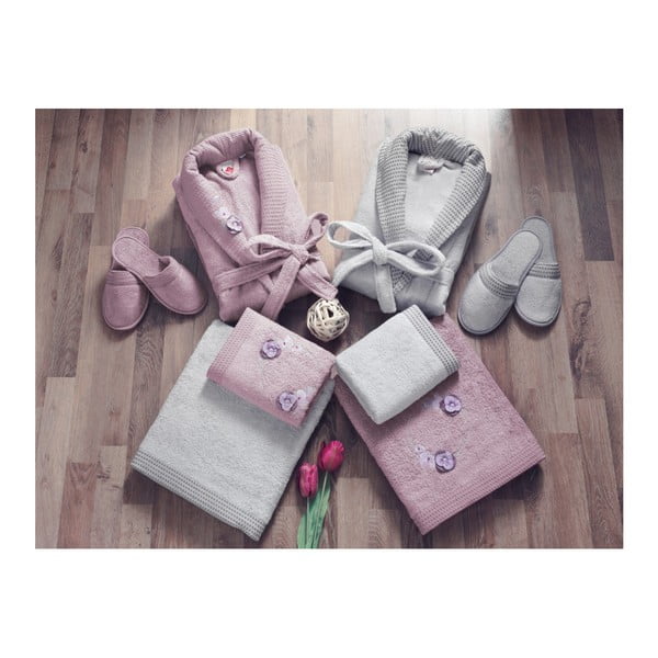 Комплект от дамски и мъжки халат, кърпи, хавлии и 2 чифта чехли в лилаво и сиво Семейна баня - Unknown