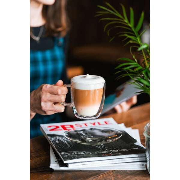 Комплект от 2 стъклени чаши с двойна стена и чинийка, 250 ml Amo - Vialli Design-image-1