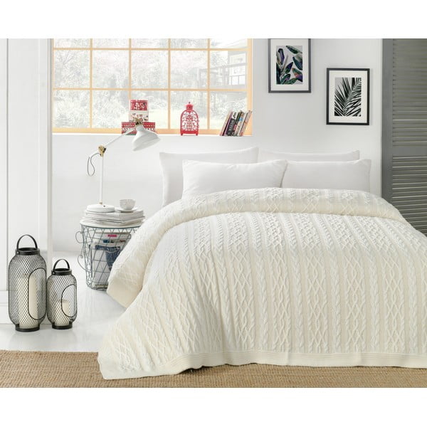 Светлокремава покривка за легло с памучна смес Плетене, 220 x 240 cm - Homemania Decor