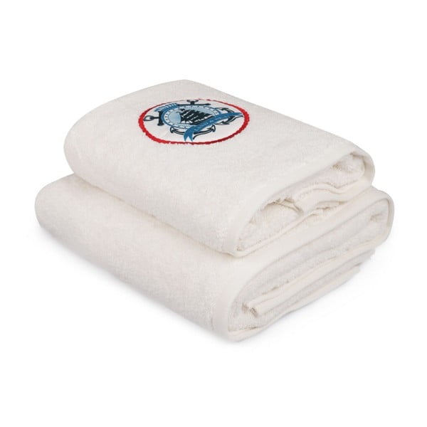 Комплект от бяла кърпа и бяла кърпа за баня с цветни детайли Land & Sea - Foutastic