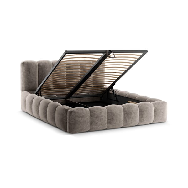 Светлокафяво тапицирано двойно легло с място за съхранение с включена подматрачна рамка 180x200 cm Lupine – Micadoni Home-image-2