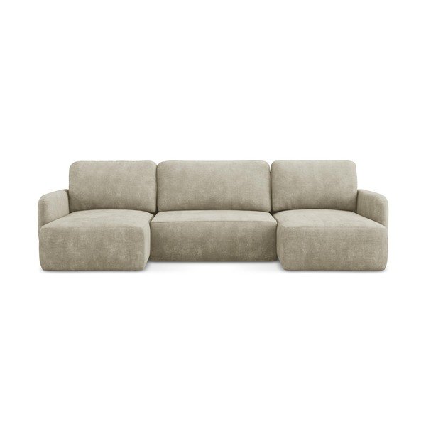 Бежов шенилов разтегателен ъглов диван с място за съхранение (U форма) Lilo – Makamii