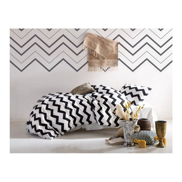 Черно-бяло спално бельо за единично легло със смес от памук SmallZigZag, 140 x 200 cm Zigzag - Mijolnir