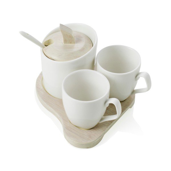 Sada 2 porcelánových hrnků a cukřenky se lžičkou na bambusovém podnosu Brandani Square-image-1