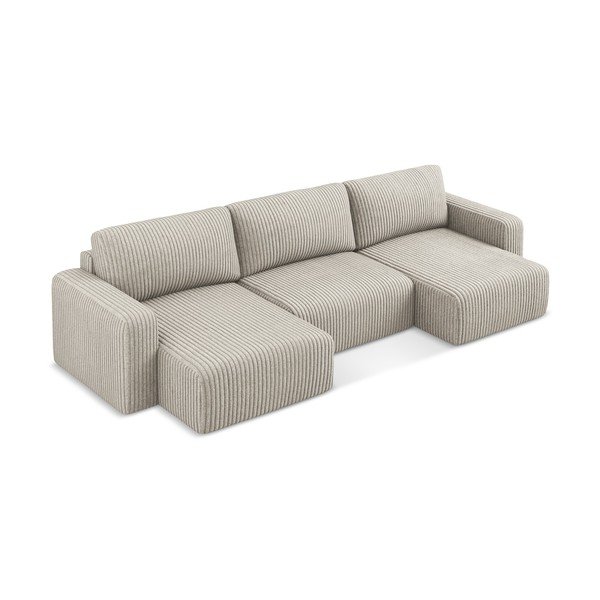 Бежов сгъваем/с място за съхранение ъглов диван от рипсено кадифе (U форма) Kona – Makamii-image-3