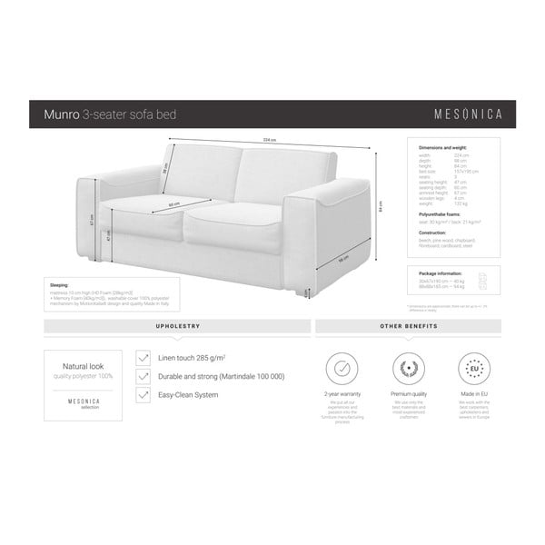 Сив разтегателен диван , 224 см Munro - MESONICA-image-4