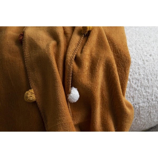 Покривало за легло от флийс в цвят горчица 150x200 cm Pom Pom – Mijolnir-image-2