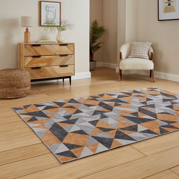 Килим подходящ за пране в цвят жълта охра и сиво 61x120 cm Coral Yellow&Grey – Think Rugs-image-2