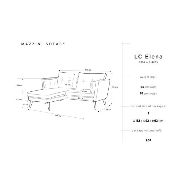 Светлосив триместен диван Elena, с шезлонг в левия ъгъл - Mazzini Sofas-image-2