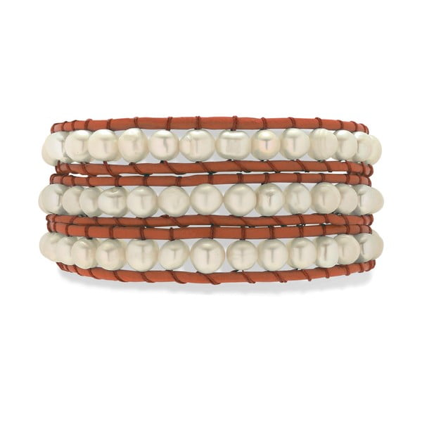 Oranžovo-bílý kožený náramek s perlami Nova Pearls Copenhagen Néreus