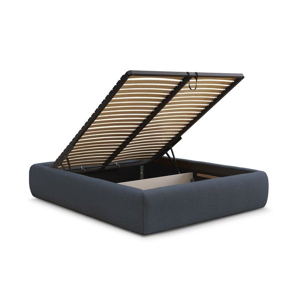 Тъмносиньо тапицирано двойно легло без табла с място за съхранение и включена подматрачна рамка 160x200 cm Inera – Bobochic Paris-image-3