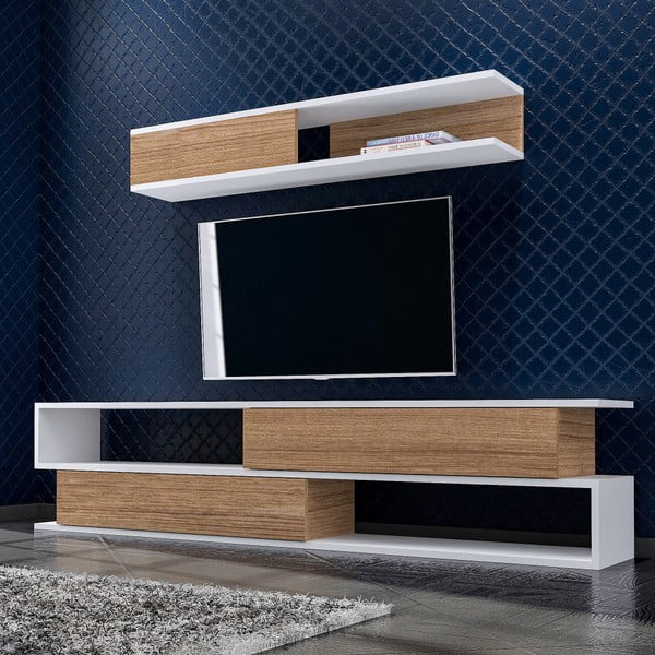 Комплект от бял шкаф за телевизор и стенен рафт в орех Manyetik - Furny Home-image-1