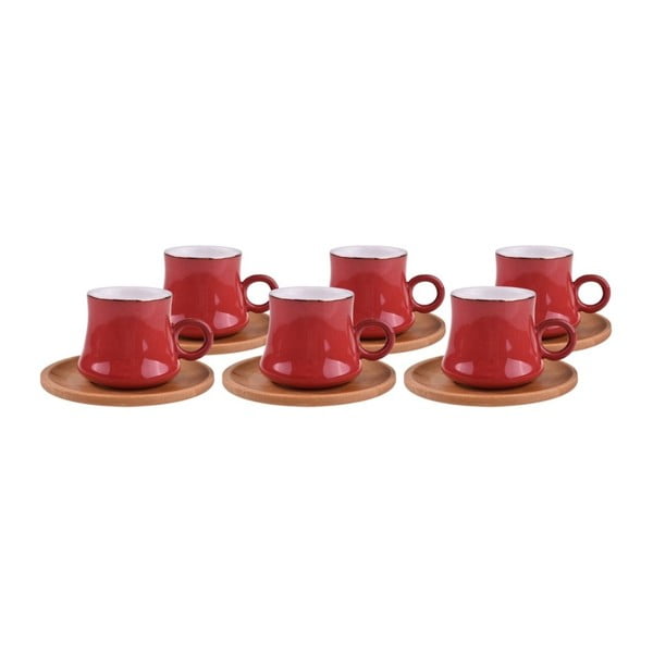 Комплект от 6 червени порцеланови чаши с бамбукови подложки Harem - Bambum