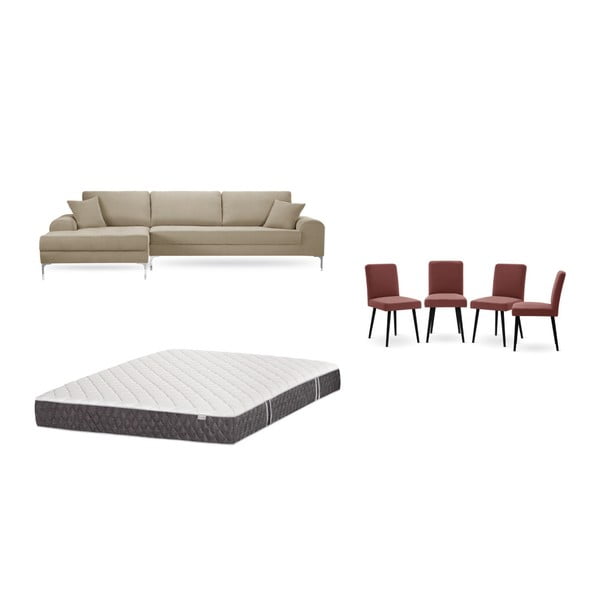 Комплект от сив и бежов диван с шезлонг вляво, 4 тухленочервени стола и матрак 160 x 200 cm - Home Essentials