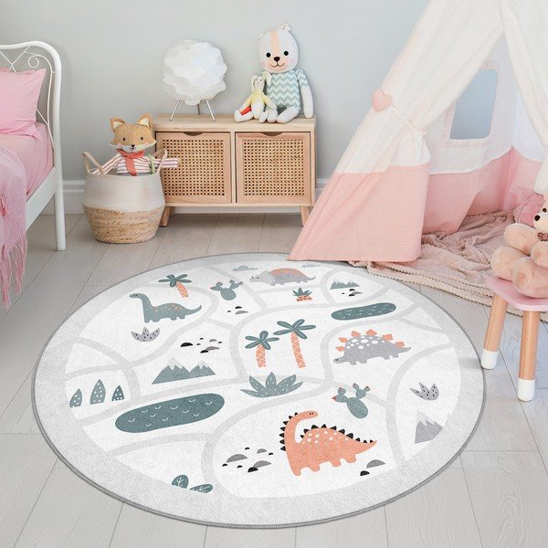 Светлосиво детско килимче за игра подходящо за пране ø80 cm Dino Park – Mila Home-image-2