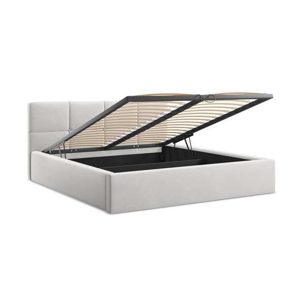 Светлосиво кадифено двойно легло 140x200 cm тапицирано с място за съхранение и включена подматрачна рамка Hiko – Makamii-image-2