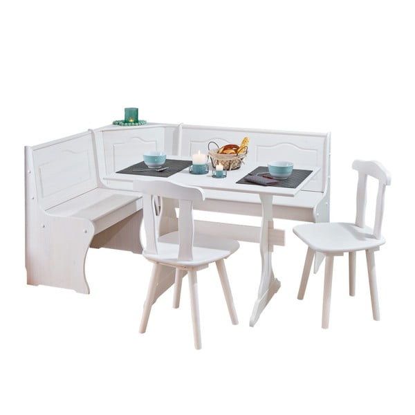 Комплект от бяла ъглова пейка, маса за хранене и 2 стола за хранене Donau - Interlink