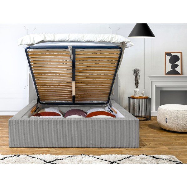 Светлосиво тапицирано двойно легло с място за съхранение с решетка 160x200 cm Nihad - Bobochic Paris-image-4