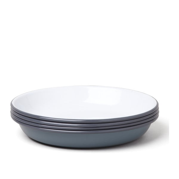 Sada 4 šedo-bílých smaltovaných polévkových talířů Falcon Enamelware