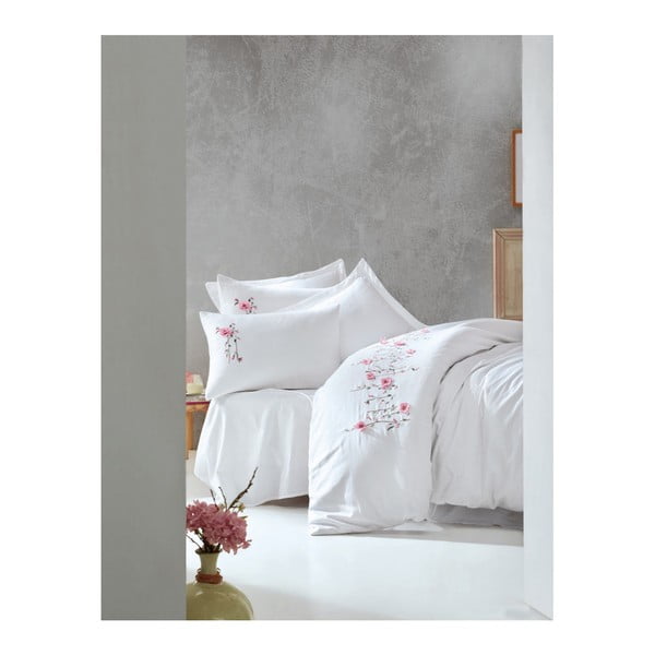 Бяло памучно сатенено спално бельо с чаршаф за двойно легло Бяло, 200 x 220 cm Perla - Mijolnir