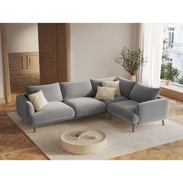 Сив кадифен ъглов диван (десен ъгъл/L форма) Naomi – Micadoni -image-1