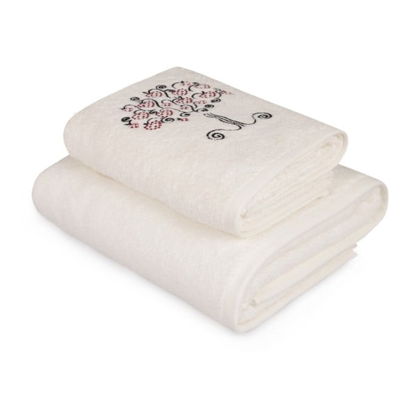 Комплект от бяла кърпа и бяла кърпа за баня с цветни детайли Arbre - Foutastic