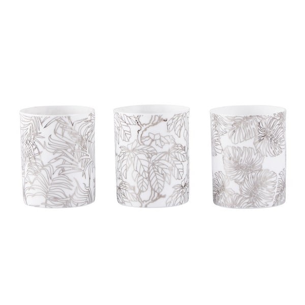 Комплект от 3 бели свещника за чаена свещ със сребърен принт Nyny - KJ Collection