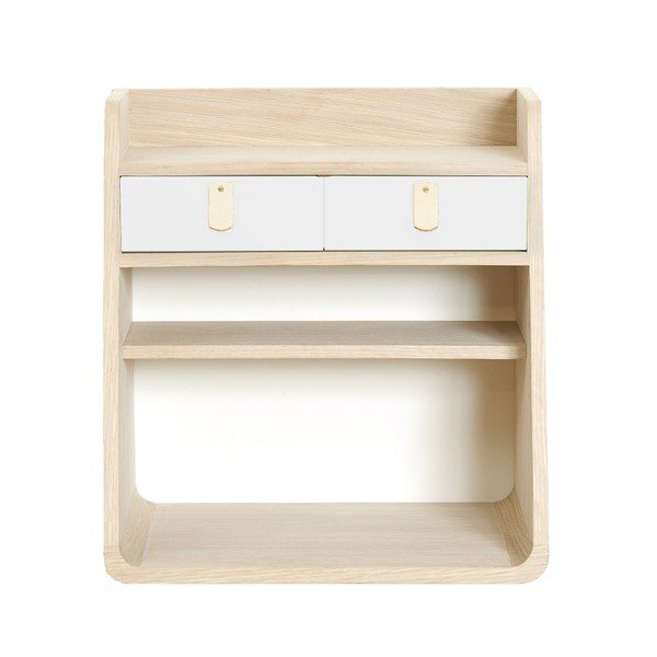 Nástěnná police v dekoru dubového dřeva s 2 bílými zásuvkami HARTÔ Suzon