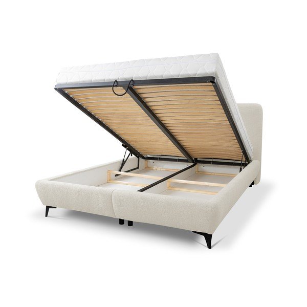 Бежово двойно легло 140x200 cm тапицирано с място за съхранение и включена подматрачна рамка Makapu – Makamii-image-1