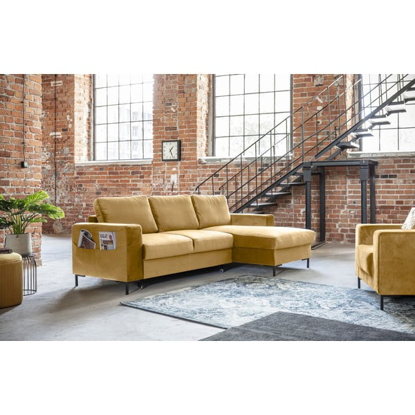 Ъглов разтегателен диван от кадифе в горчично жълто, десен ъгъл Lofty Lilly - Miuform-image-3
