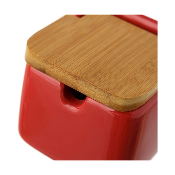 Буркан за сол от червен фаянс с бамбуков капак , 250 ml - Casa Selección-image-3