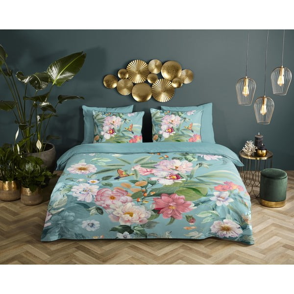 Синьо  единично удължено спално бельо от памучен сатен 140x220 cm Fungi – Descanso-image-1