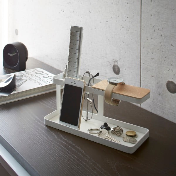 Бяла многофункционална стойка с детайли от букова дървесина за бюро Tower - YAMAZAKI-image-1