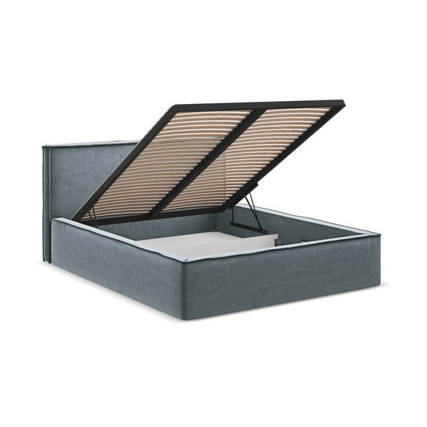 Светлосиньо двойно тапицирано легло с място за съхранение и включена подматрачна рамка 160x200 cm Anani – Makamii-image-3