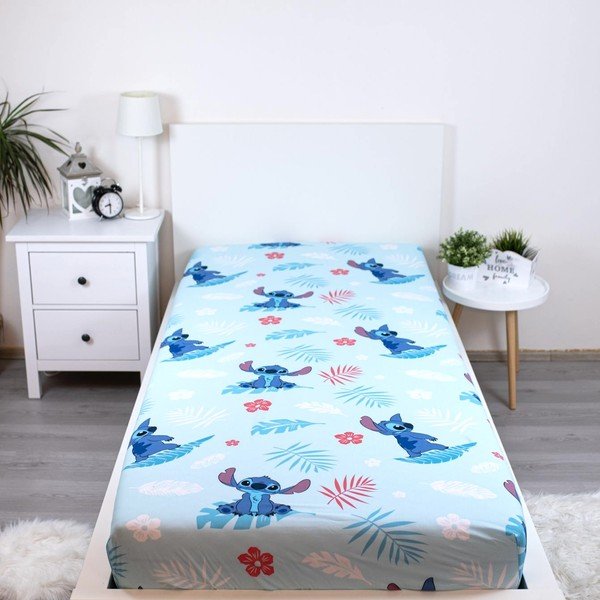 Син еластичен единичен памучен детски чаршаф 90x200 cm Lilo & Stitch "Blue" – Jerry Fabrics-image-1